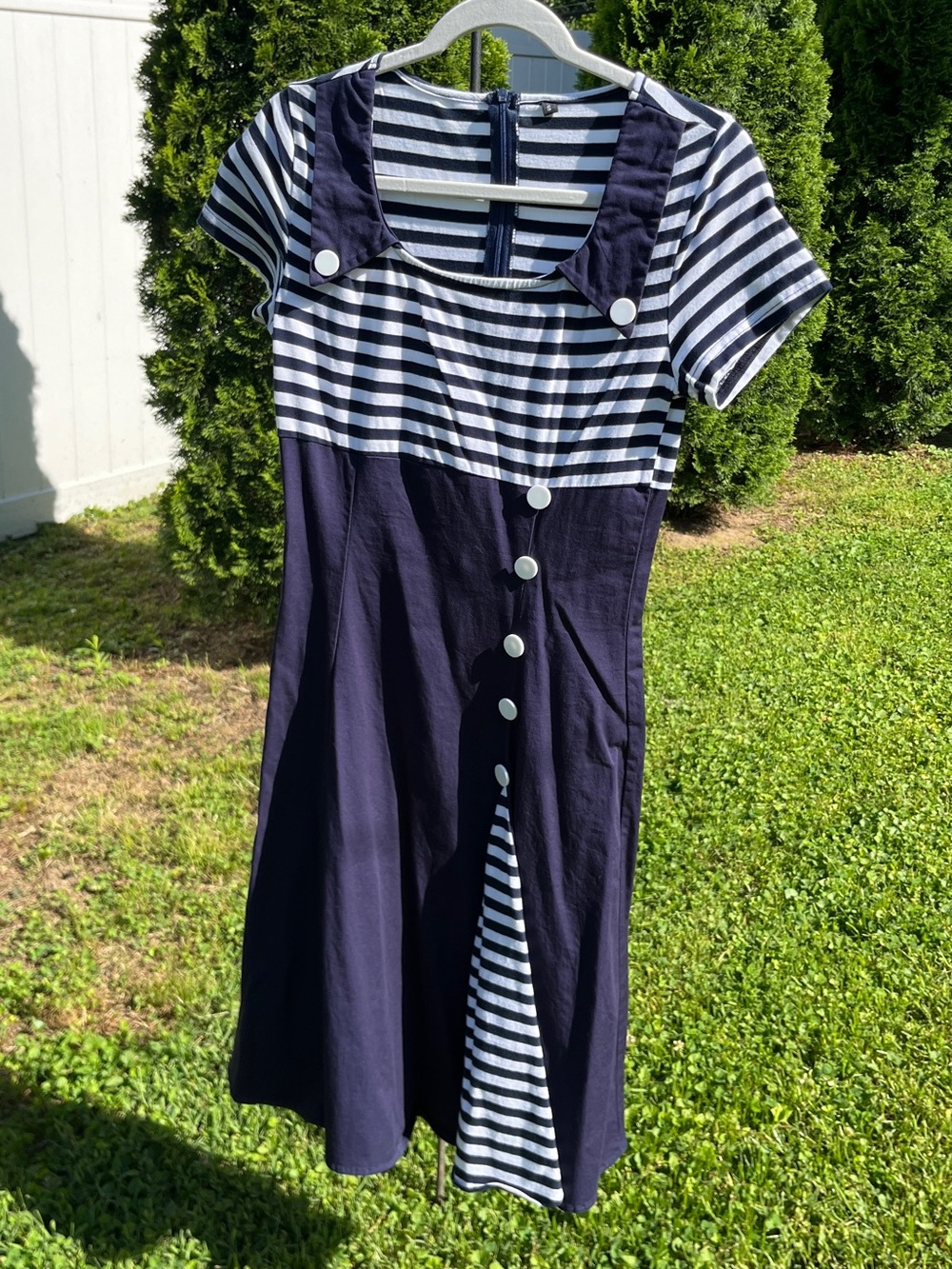 Adorable, Kitschy Navy & White Striped Dress with Button Detail